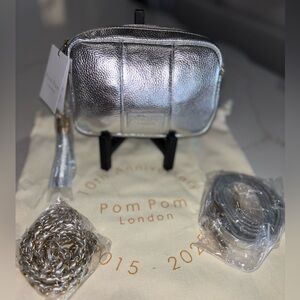 Pom Pom London City Mini metallic silver  Crossbody purse Strap bundle NWT